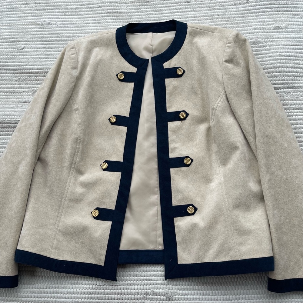 Vintage Nat Kaplan Ultrasuede Skirt Suit Navy Trim 70s Madison Ave Size 14 - Picture 7 of 12